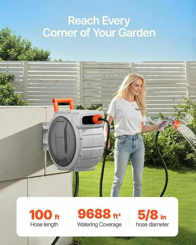 Retractable Garden Hose Reel – 100 ft Wall Mounted Water Hose System
