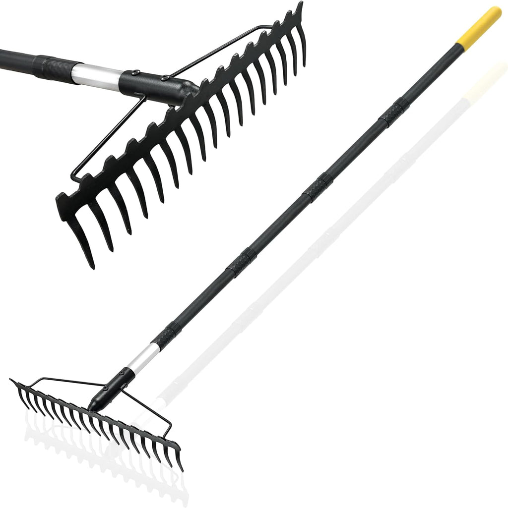 Bow Rake, 68-Inch Adjustable Handle Garden Rake with 17 Steel Tines
