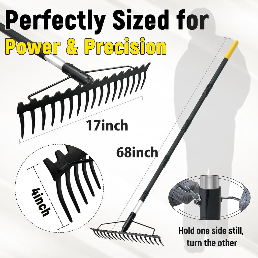 Bow Rake, 68-Inch Adjustable Handle Garden Rake with 17 Steel Tines
