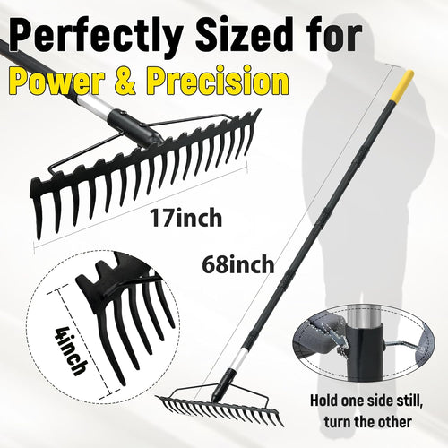 Bow Rake, 68-Inch Adjustable Handle Garden Rake with 17 Steel Tines