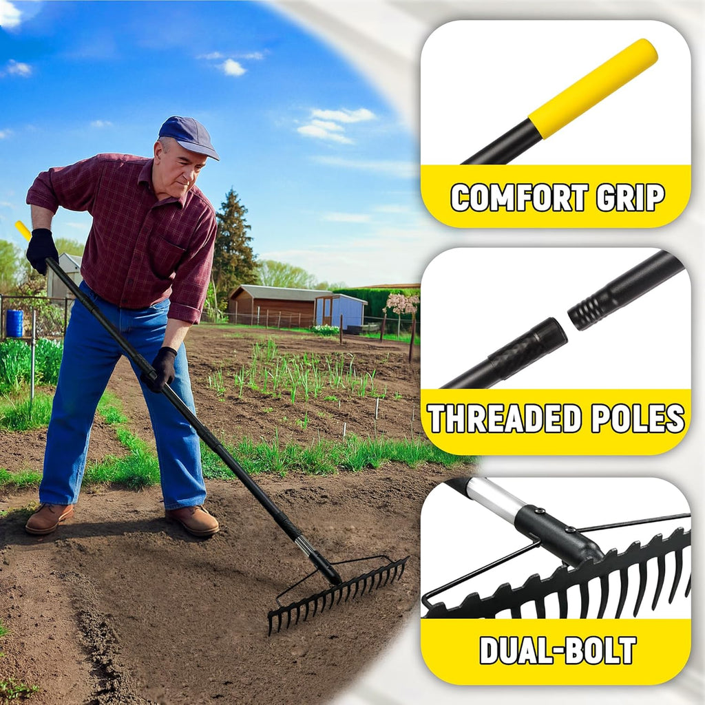 Bow Rake, 68-Inch Adjustable Handle Garden Rake with 17 Steel Tines