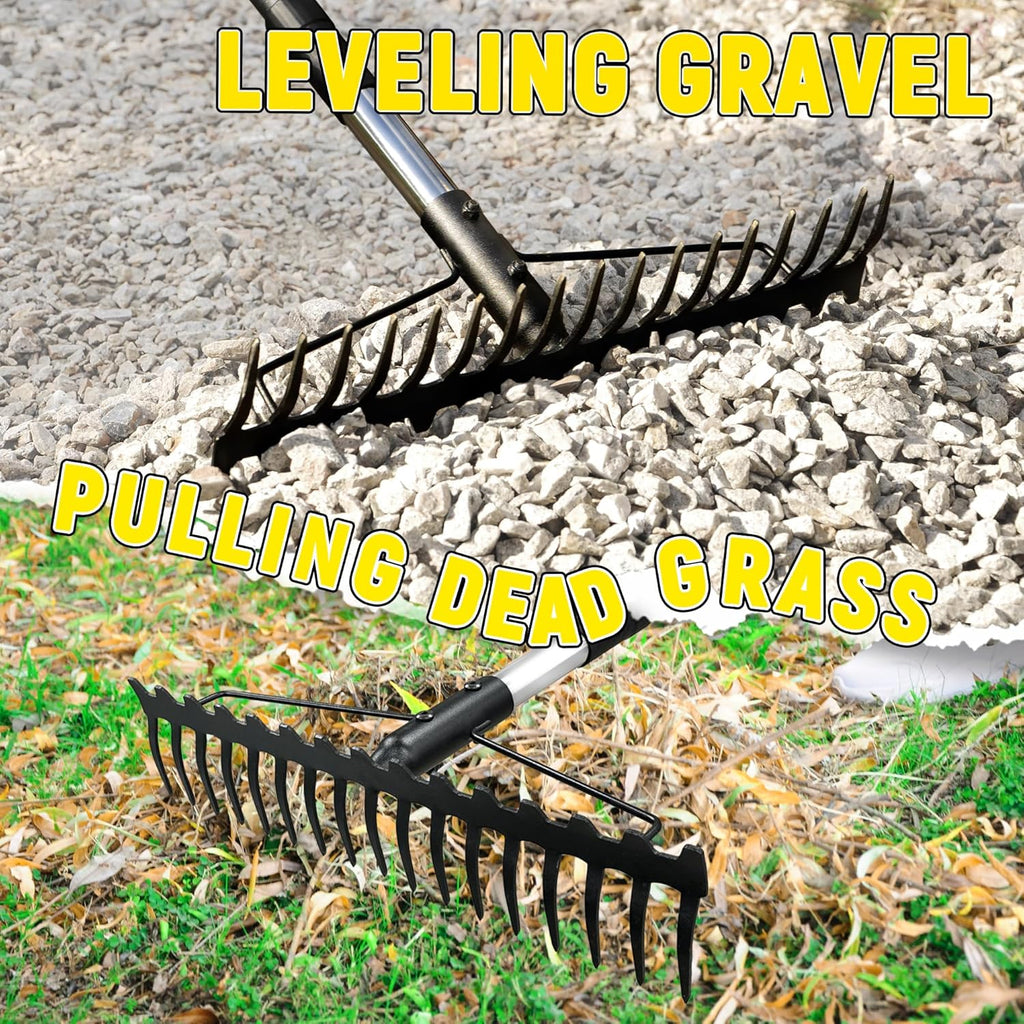 Bow Rake, 68-Inch Adjustable Handle Garden Rake with 17 Steel Tines