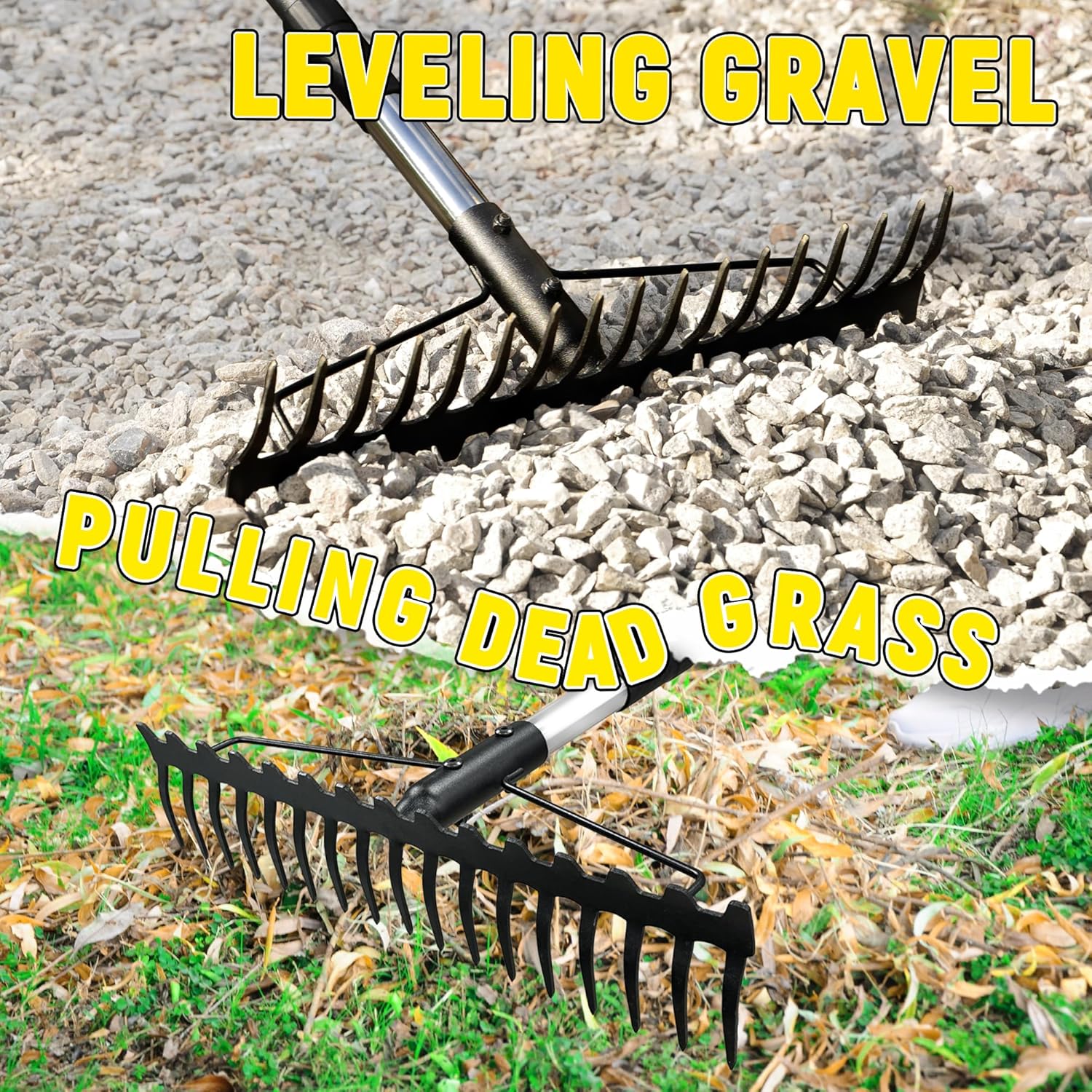 Bow Rake, 68-Inch Adjustable Handle Garden Rake with 17 Steel Tines