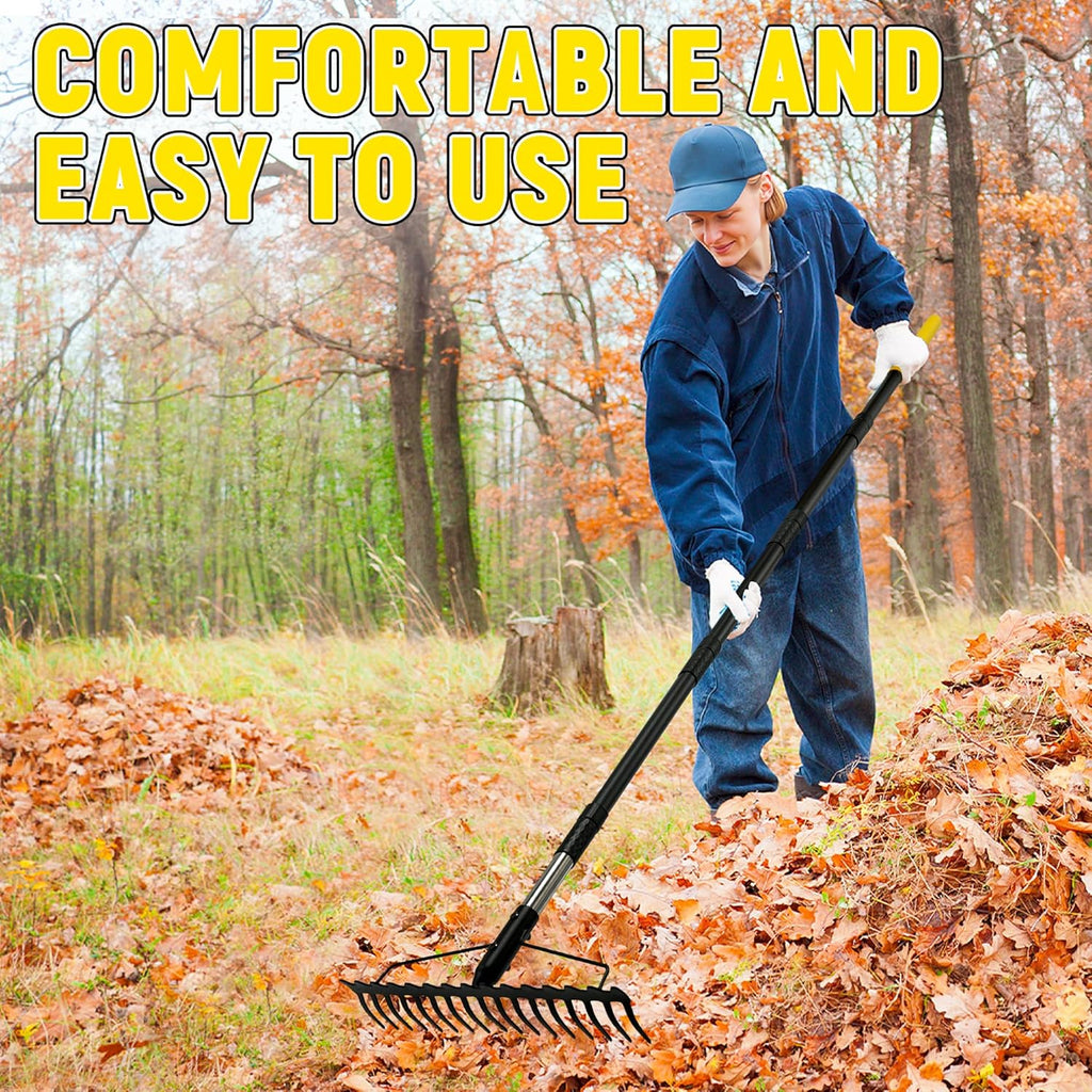 Bow Rake, 68-Inch Adjustable Handle Garden Rake with 17 Steel Tines